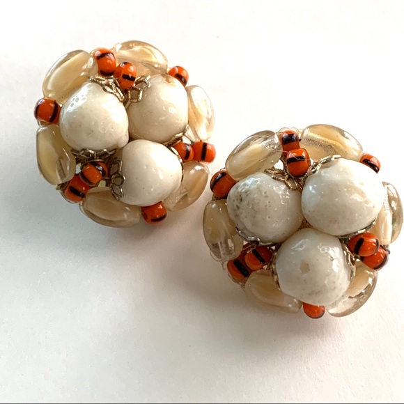 Hobe Vintage Clip Earrings Cream Orange - Picture 2 of 7